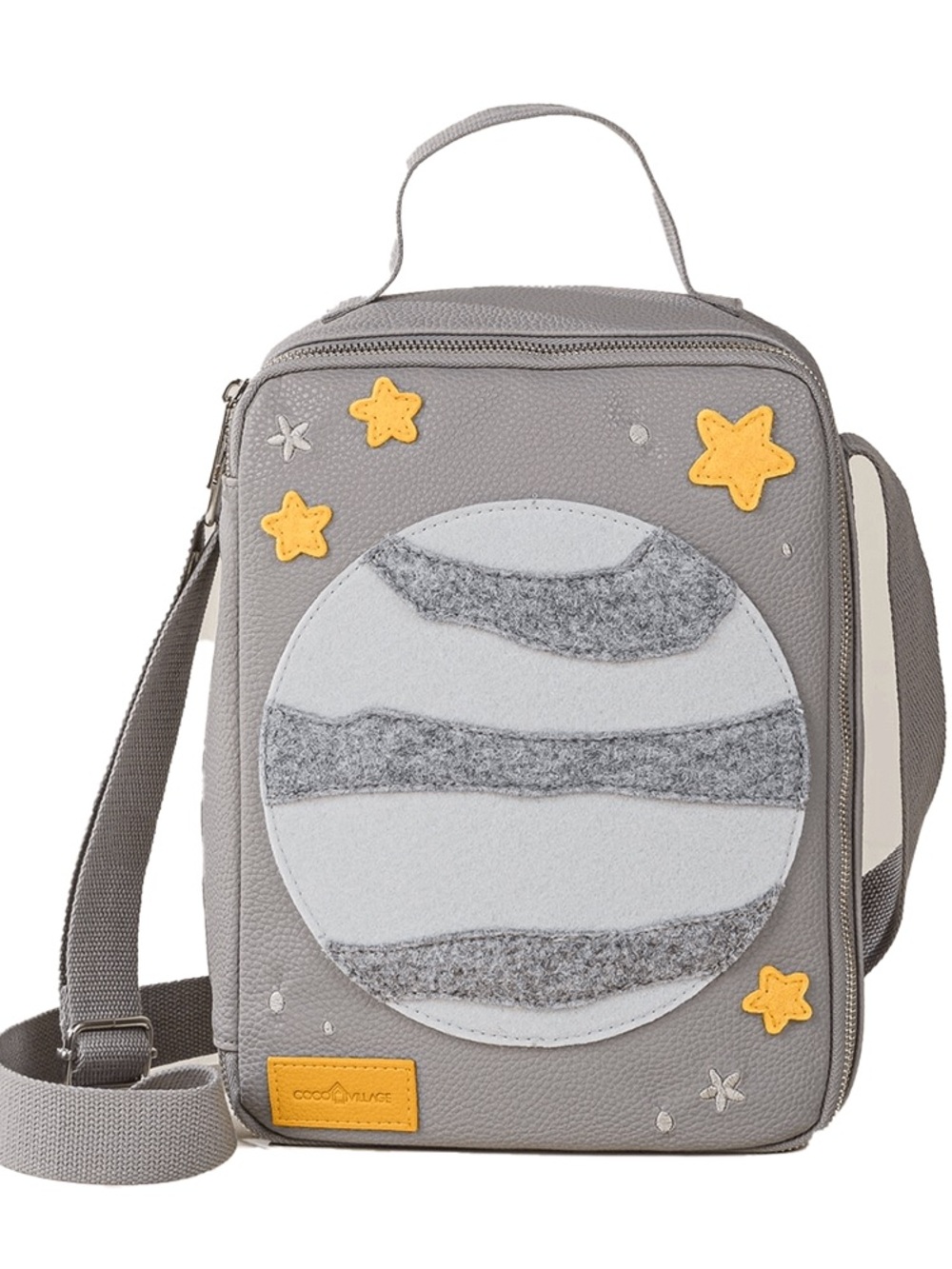 Kids Gray Planet Crossbody Lunch Bag with Yellow Star Accents